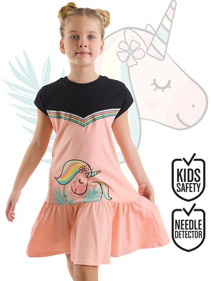 Denokids Çiçekli Unicorn Kız Çocuk Somon Siyah Elbise