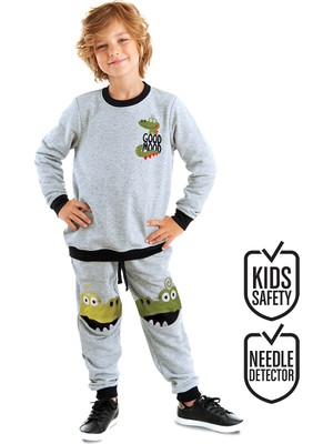 Denokids Erkek Çocuk Eşofman Takım Gri Renk Timsah Desenli 4 Yaş Eğlenceli Tasarım