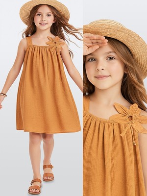 Denokids Kız Çocuk Çiçekli Elbise Hardal Sarı Ilkbahar Yaz Sezonu 5-10 Yaş