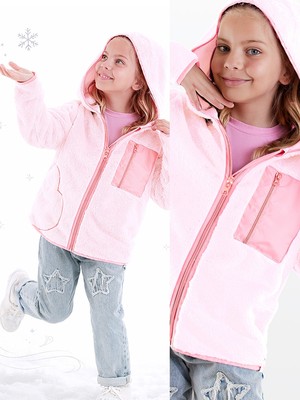 Denokids Kız Çocuk Pembe Peluş Mont Kalp Cepli Rahat Kesim Kapüşonlu Tasarım
