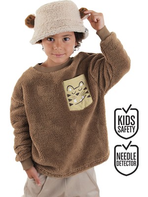Kaplan Oversize Erkek Çocuk Kahverengi Peluş Sweatshirt