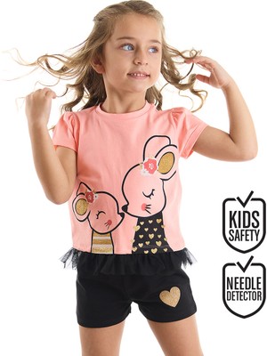 Denokids Sevimli Fare Kız Çocuk T-shirt ve Şort Takım Tül Fırfırlı Simli Desenli