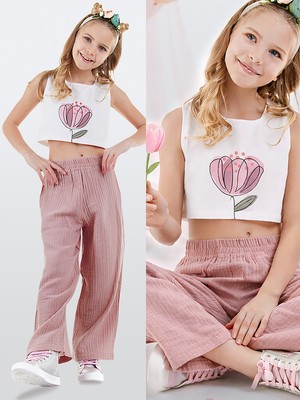 Çiçekli Kız Çocuk Pembe Müslin Pantolon Takım