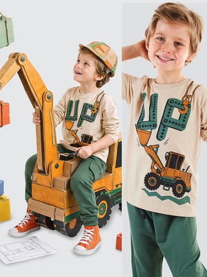 MSHB&G Up Dozer Erkek Çocuk Pantolon Takım 5 Yaş Beyaz Yeşil Renkli Eğlenceli Tema