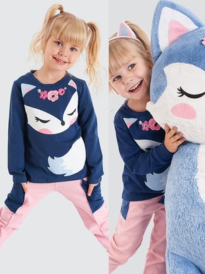 Denokids Cute Fox Kız Çocuk T-shirt Pantolon Takım 2 Yaş Tema Lacivert Renk