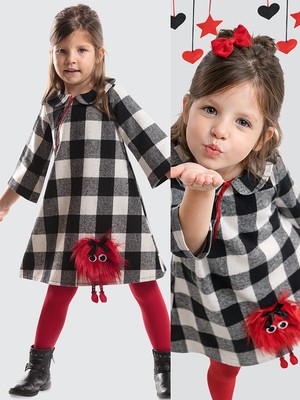 Denokids Ponpon Kız Çocuk Ekose Elbise