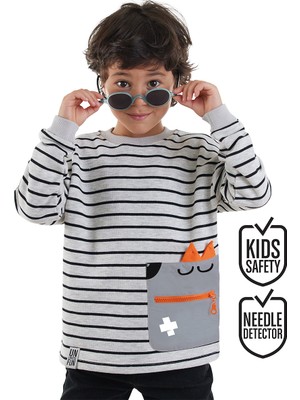 Cool Oversize Çizgili Gri Erkek Çocuk Sweatshirt