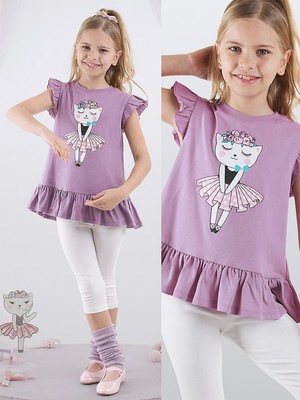 Çiçekli Kedi Kız Çocuk Mor T-Shirt Tayt Takım