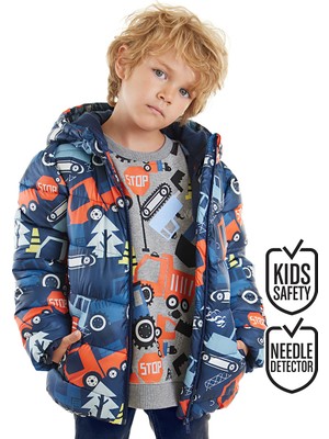 Denokids Erkek Çocuk Su İtici Kapüşonlu Mont Lacivert Araba Desenli 4 Yaş Uzun Kol Model