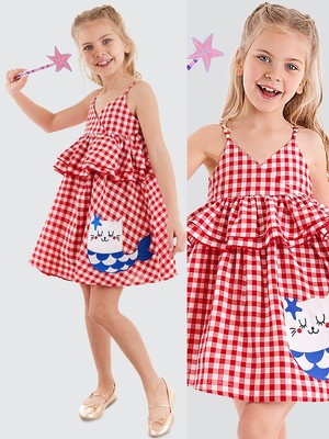 Denokids Deniz Kedisi Kız Çocuk Kırmızı Ekose Elbise