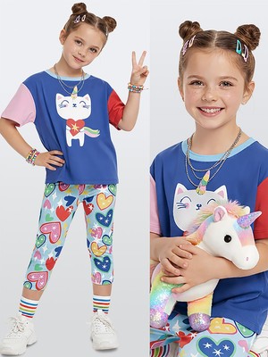 Denokids Kalpli Kedi Kız Çocuk T-Shirt Tayt Takım