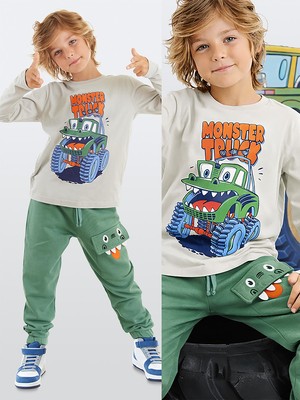 Denokids Canavar Kamyon Erkek Çocuk Gri T-Shirt Haki Pantolon Takım