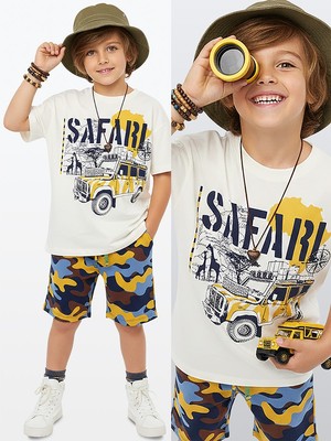 Denokids Erkek Çocuk Takım Safari Baskılı %100 Pamuk T-Shirt Şort Yazlık Takım