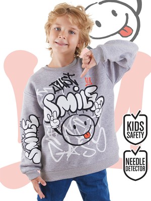 Denokids Just Smile Erkek Çocuk Gri Sweatshirt