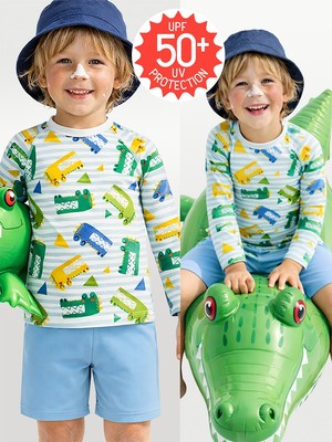 Denokids Uv Korumalı Erkek Çocuk Mayo T-Shirt Uvp+50 Faktör Koruma Uzun Kollu Timsah