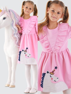 Denokids Simli Unicorn Kız Çocuk Pembe Elbise