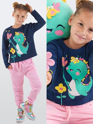 Denokids Tatlı Dino Kız Çocuk T-Shirt Pantolon Takım