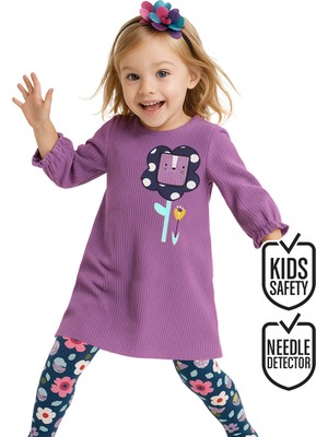 Denokids Lila Çiçekli Kadife Kız Çocuk Elbise Uzun Kollu Günlük Kullanım İçin Şık Tasarım