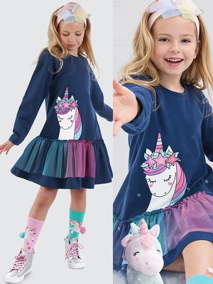 Denokids Tüllü Unicorn Kız Çocuk Elbise Uzun Kollu Lacivert Özel Olay İçin Şık Stil