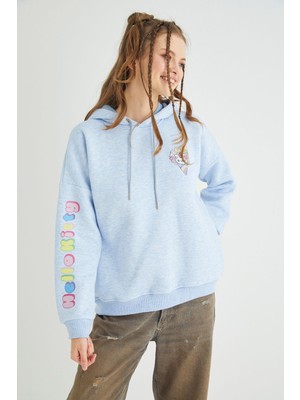 Lisanslı Baskılı Kapüşonlu Kalın  Mavi  Sweatshirt
