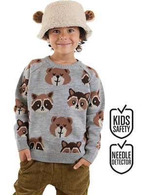 Denokids Gri Triko Kazak Erkek Çocuk Ayı Rakun Deseniyle Uzun Kollu Bisiklet Yaka