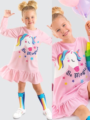 Denokids Unicorn Magic Kız Çocuk Pembe Elbise