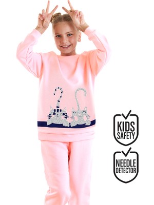 Denokids Kız Çocuk Pembe Eşofman Takım Sevimli Kedi Baskılı %66 Pamuk ve Lastikli Paça