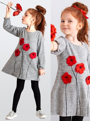 MSHB&G Gri Poppy Çiçekli Kız Çocuk Kol Ucu Lastikli Uzun Kollu Elbise