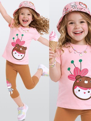 Denokids Kız Çocuk Takım Çiçekli Ayıcıklı Tunik Boy T-Shirt Tayt Yazlık 2-8 Yaş