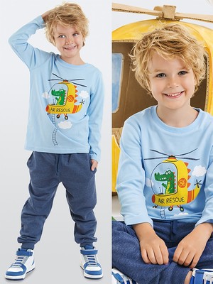 Denokids Helikopter Erkek Çocuk Mavi T-Shirt Pantolon Takım