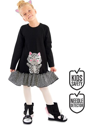 Denokids Gümüş Leopar Kız Çocuk Siyah Elbise