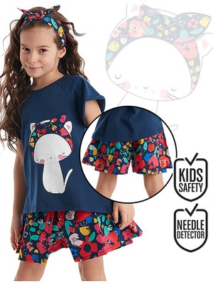 Denokids Çiçekli Kedi Kız Çocuk T-shirt ve Poplin Şort Takım Eğlenceli Yaz Teması
