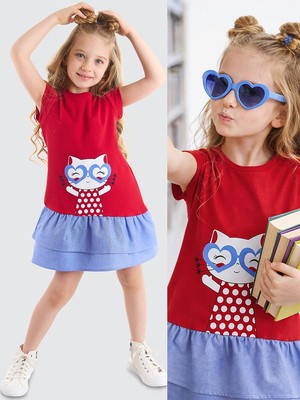 Denokids Kedi Fırfırlı Kırmızı Kız Çocuk Elbise