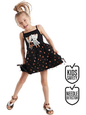 Denokids Siyah Bakır Yıldızlı Kız Çocuk Elbise Günlük Stil için Özel Olay Silüeti