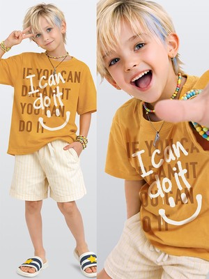 Denokids Erkek Çocuk Takım Graffiti %100 Pamuk T-Shirt ve Çizgili Keten Görünümlü Yazlık Şort