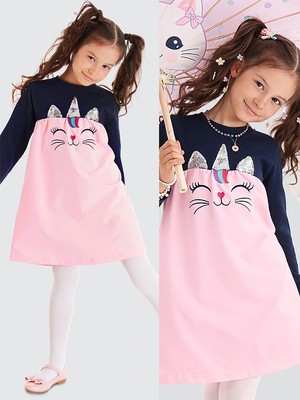 Denokids Catcorn Kız Çocuk Elbise Uzun Kol Günlük Stil Eğlenceli Silüet Pembe Renk