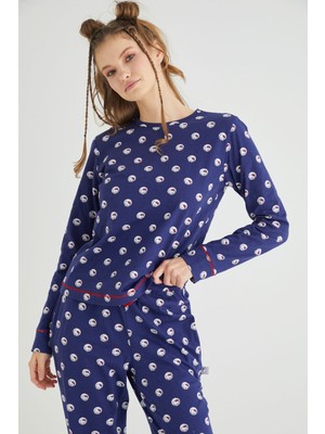 Lisanslı Uzun Kollu Lacivert Pamuklu Pijama Takımı