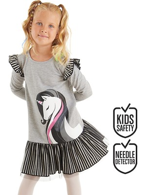Denokids Zarif Unicorn Gri Kız Çocuk Elbise