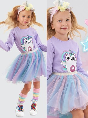 Denokids Gökkuşağı Kedicorn Kız Çocuk Tüllü Elbise