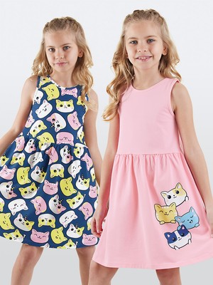 Denokids Sevimli Kediler Kız Çocuk 2'li Elbise