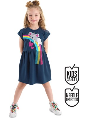 Denokids Kız Çocuk Koala Baskılı Günlük T-Shirt Elbise Lacivert Rahat Silüet