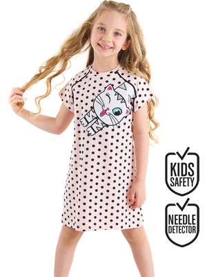 Denokids Beyaz Kedi Kız Çocuk Puantiye Pembe Elbise