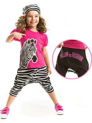 Denokids Zebra Fashion Kız Çocuk T-shirt Kapri Şort Takım