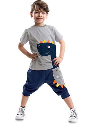 Denokids 2 Yaş Dino Desenli Erkek Çocuk T-shirt Kapri Şort Takım Gri - Lacivert Renk Seçeneği
