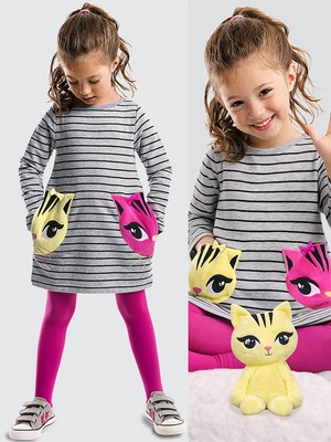 Denokids İkiz Kedi Desenli Elbise Kız Çocuklar İçin Günlük Stil 65% Pamuk 35% Polyester