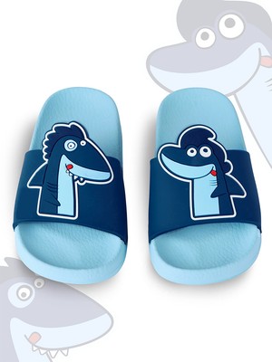 Denokids Shark Erkek Çocuk Terlik Düz Tabanlı Lacivert Renkli Yaz İçin Hafif ve Eğlenceli
