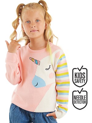 Denokids Kız Çocuk Pembe Triko Kazak Bisiklet Yaka Unicorn Desenli Günlük Stil