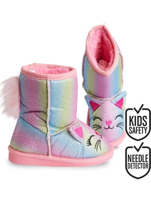 Denokids Kedi Desenli Renkli Simli Kız Çocuk Bot Tekstil Malzeme ile Kürklü Tasarım