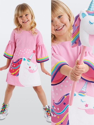 Denokids Unicorn Star Kız Çocuk Elbise Günlük Stil ile Renkli Desenli 8 Yaş