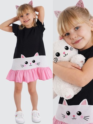 Denokids Beyaz Kedi Fırfırlı Kız Çocuk Elbise